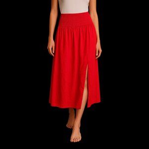 Women's Red Smocked Waist Maxi Skirt